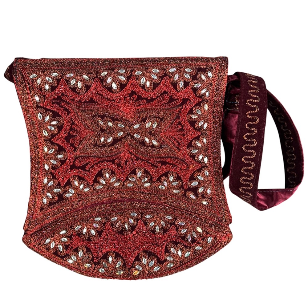 Vintage Red Beaded Evening Bag Boho‎ Embroidered Sequin Crossbody Handmade 980